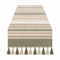 Camino de mesa 180 x 33 cm de tejido beige y verde con flecos estilo bohemio