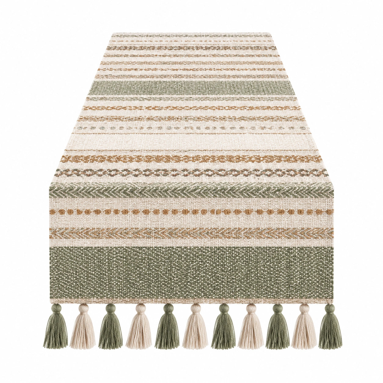 Camino de mesa 180 x 33 cm de tejido beige y verde con flecos estilo bohemio