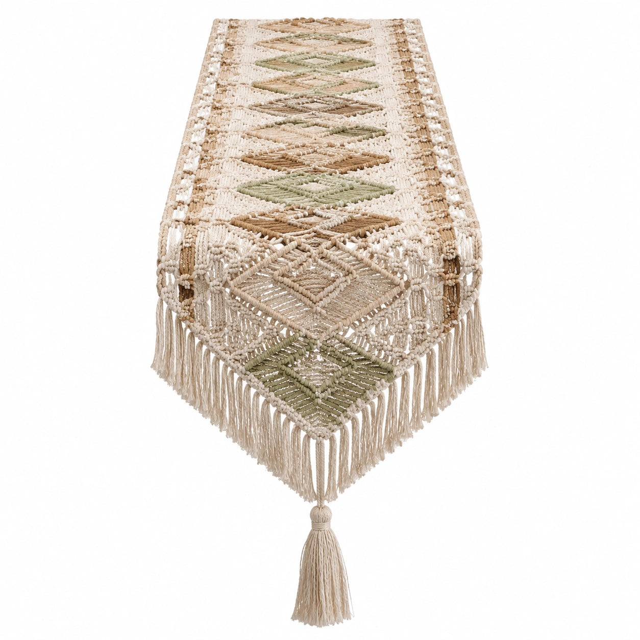 Camino de mesa 180 x 35 cm de algodón beige verde y marrón con flecos estilo bohemio