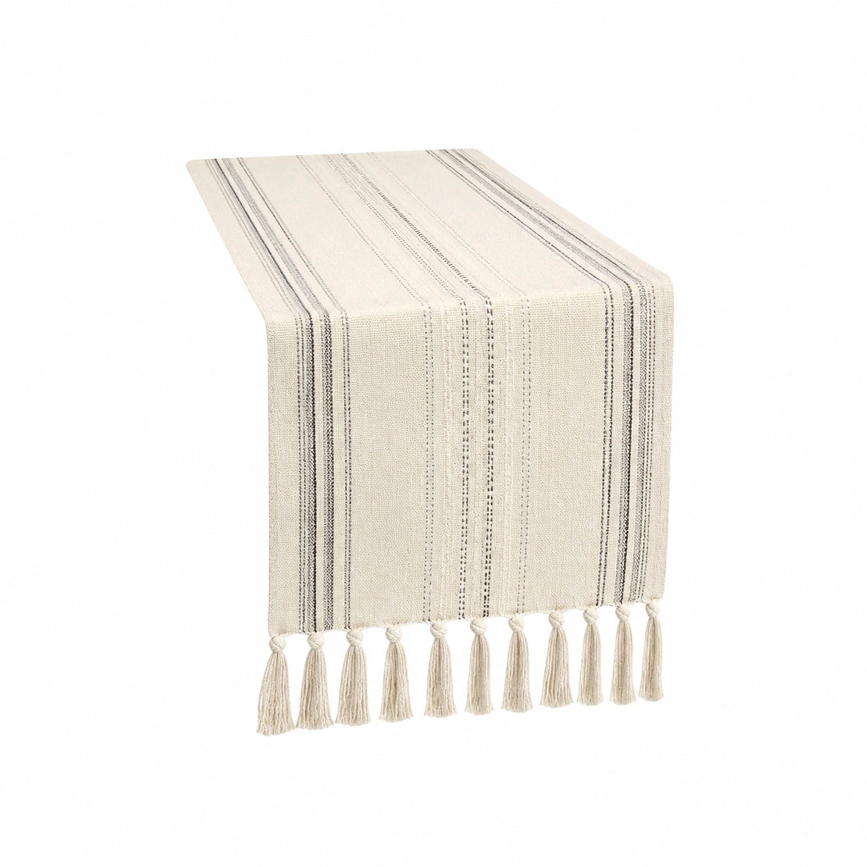 Camino de mesa 180 x 40 cm tejido beige y gris con flecos estilo rústico