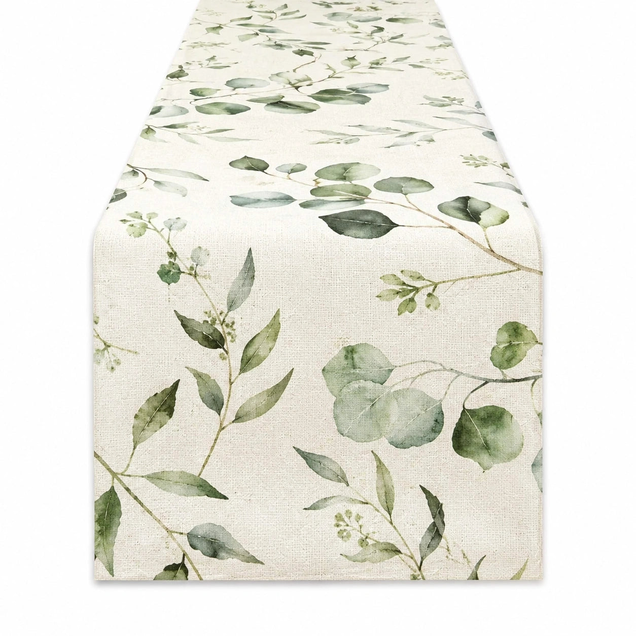 Camino de mesa 180 x 40 cm tejido beige y verde con estampado botánico decorativo