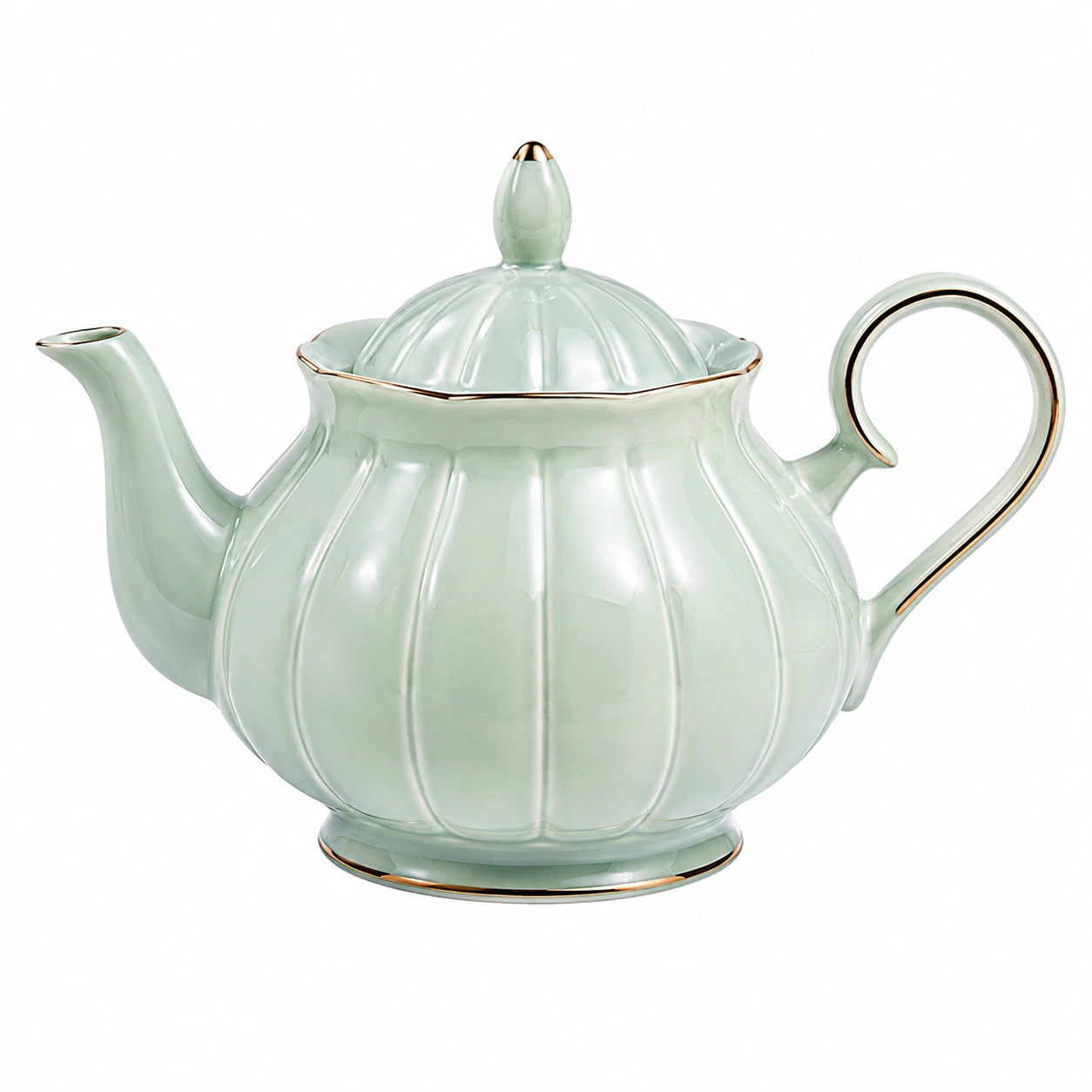 Tetera de porcelana 1.20 L verde menta con detalles dorados diseño acanalado