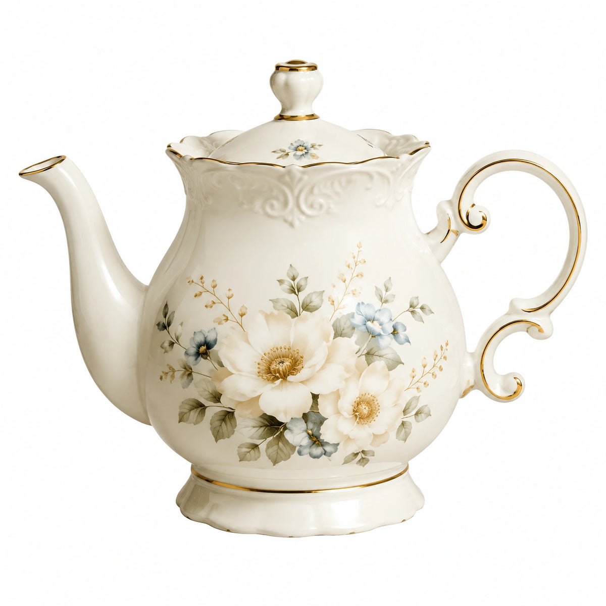 Tetera de porcelana 1.20 L marfil con flores y borde dorado estilo clásico