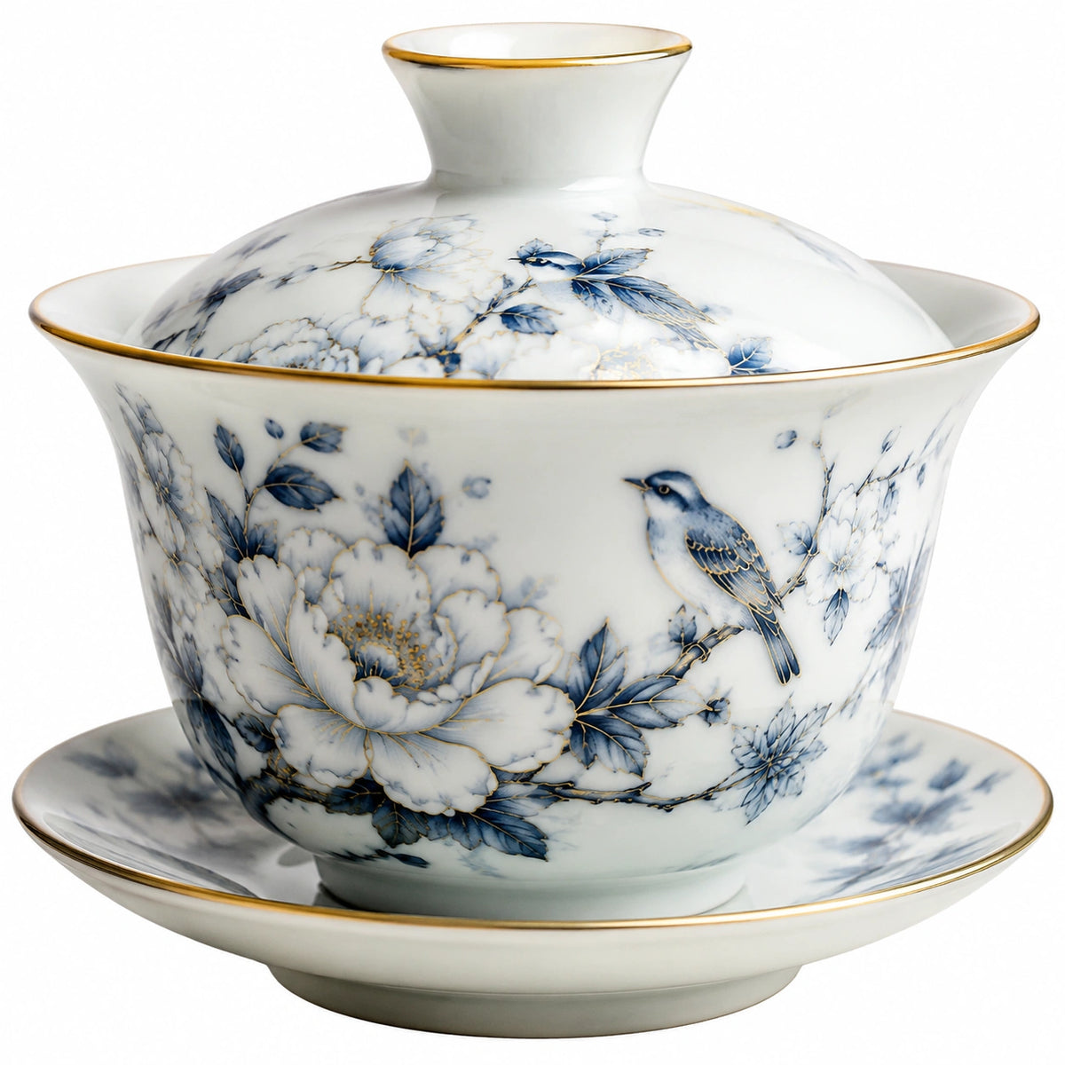 Gaiwan de porcelana 150 ml blanco azul y dorado con diseño floral y aves