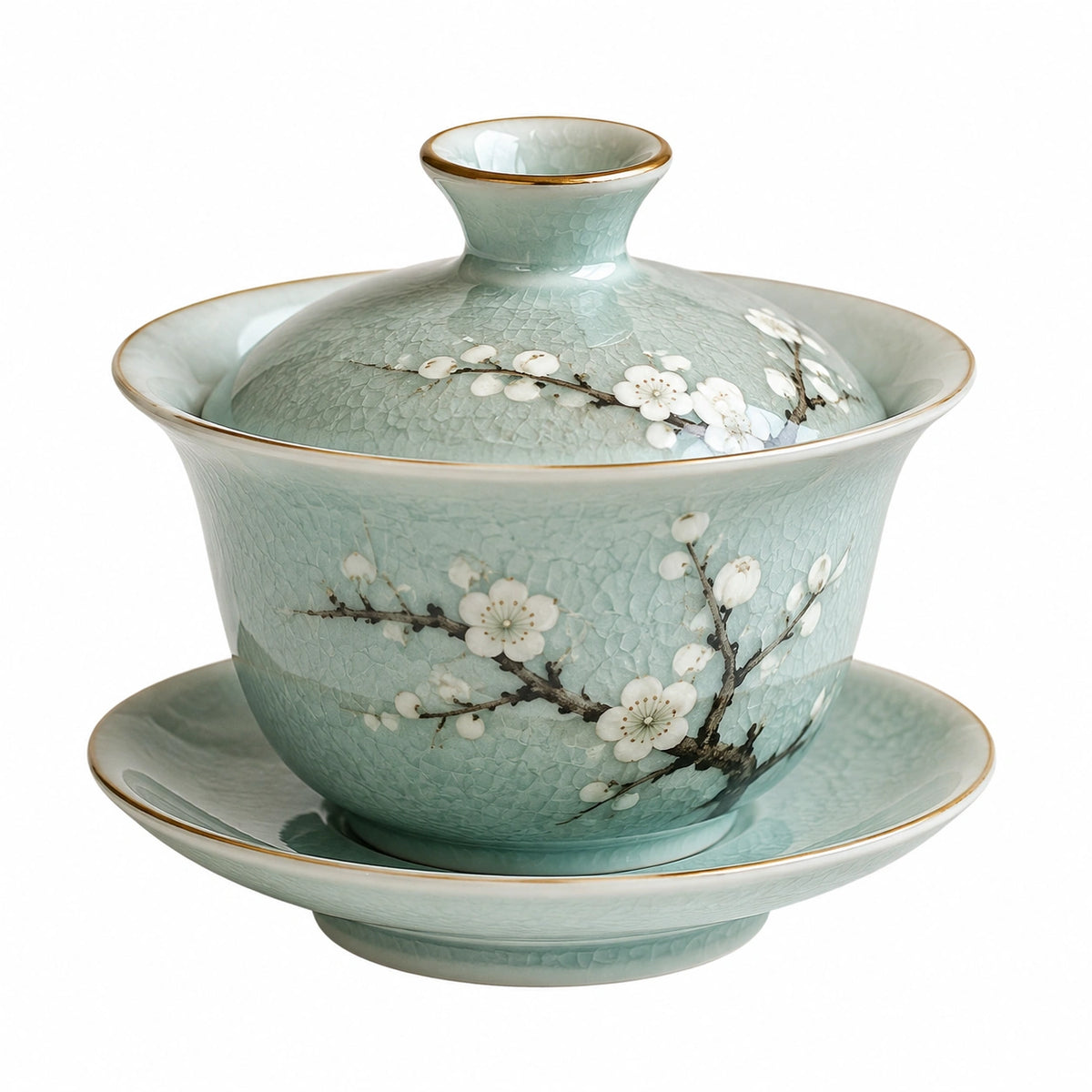 Taza gaiwan de cerámica 150 ml verde celadón con flores y tapa