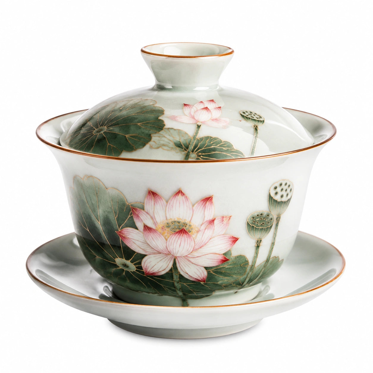 Gaiwan de cerámica 150 ml verde y rosa con flores de loto - juego de té con tapa