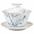 Taza gaiwan de porcelana 150 ml blanca y azul con tapa y platillo estilo clásico