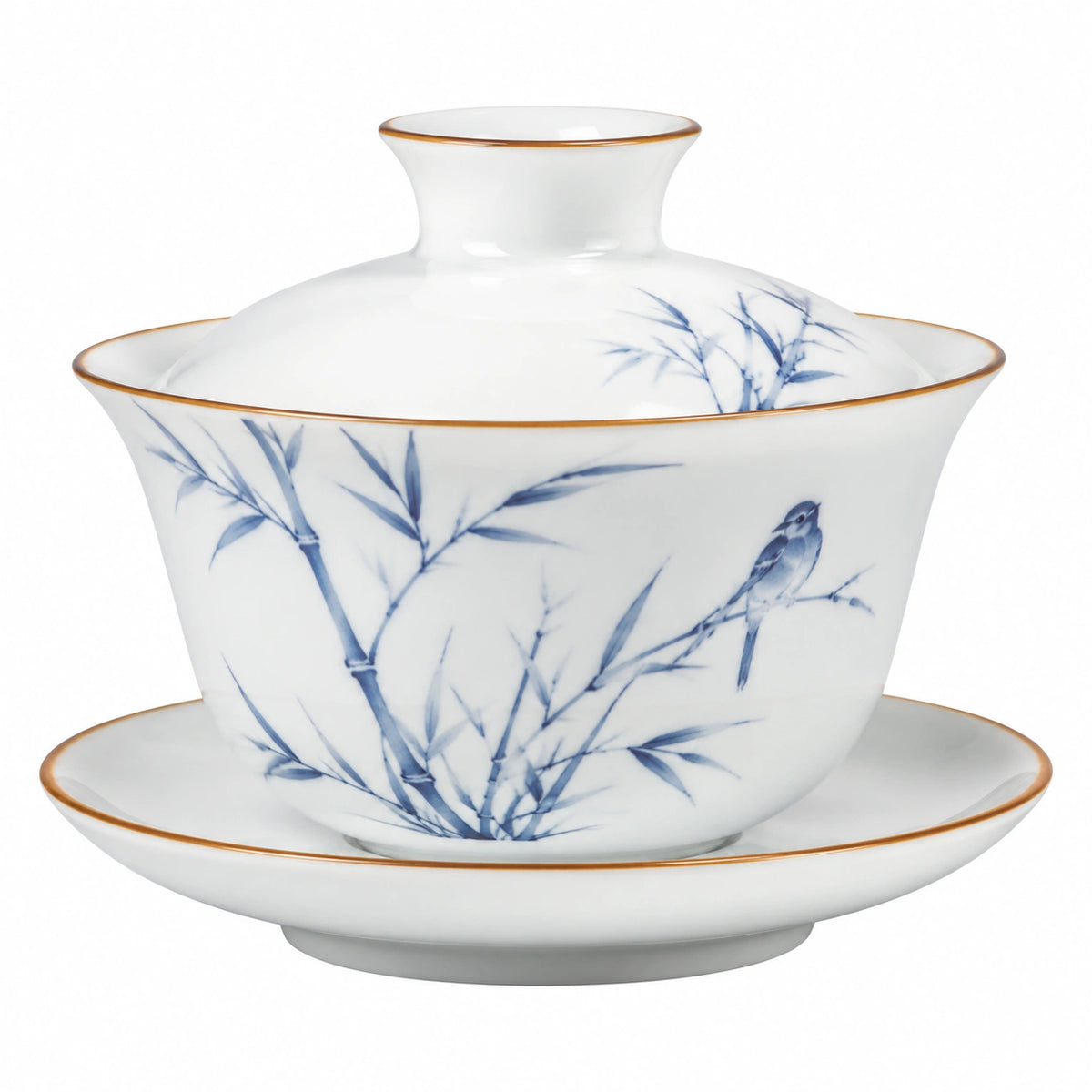 Taza gaiwan de porcelana 150 ml blanca y azul con tapa y platillo estilo clásico