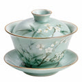 Taza gaiwan de cerámica verde 180 ml con tapa y platillo floral