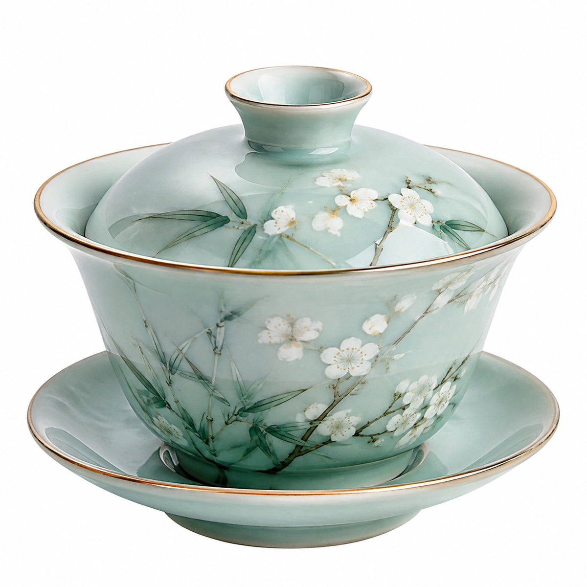 Taza gaiwan de cerámica verde 180 ml con tapa y platillo floral