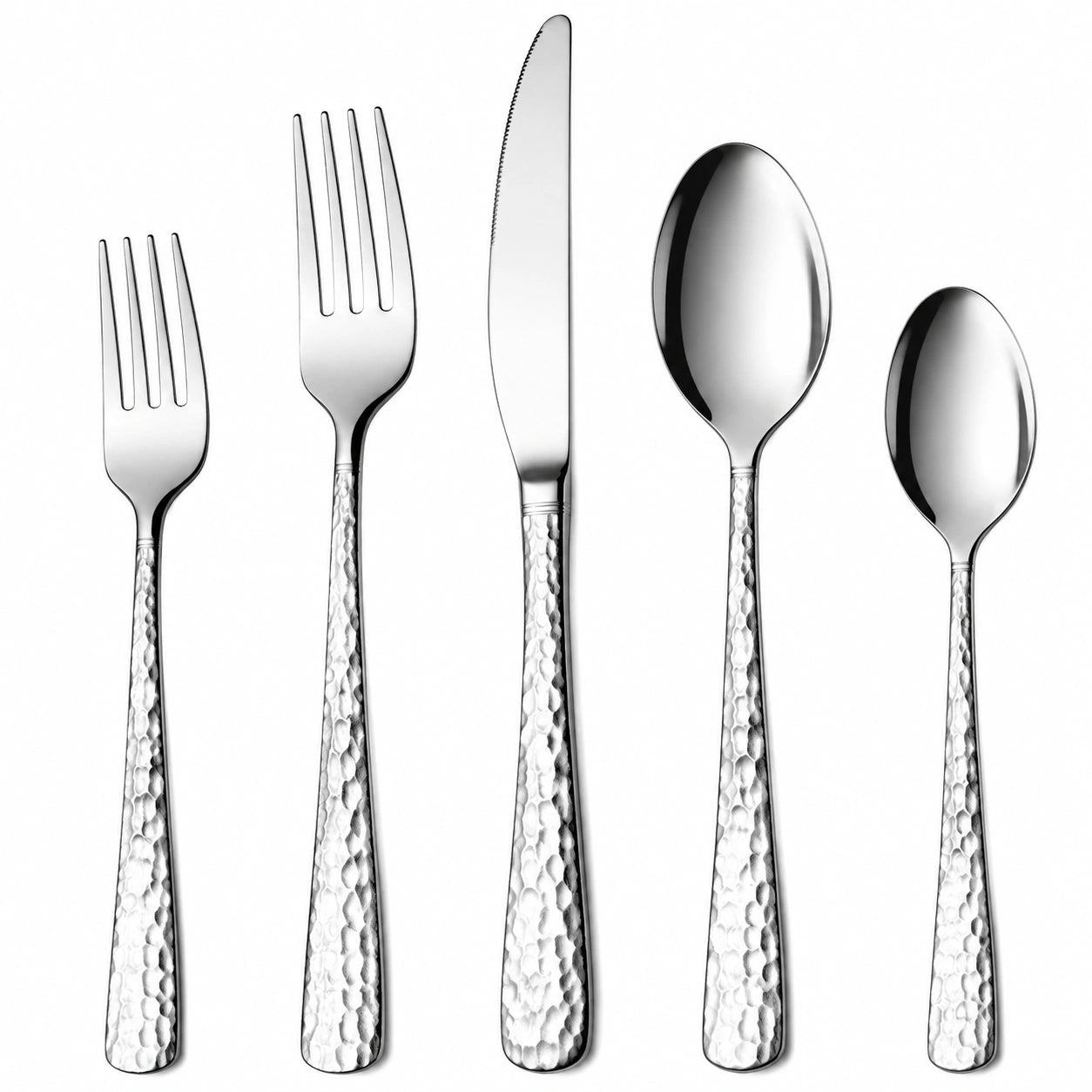 Cubertería de 5 piezas en acero inoxidable plateado con mango martillado para mesa