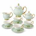 Juego de té de porcelana para 4 personas - verde menta y dorado con relieve