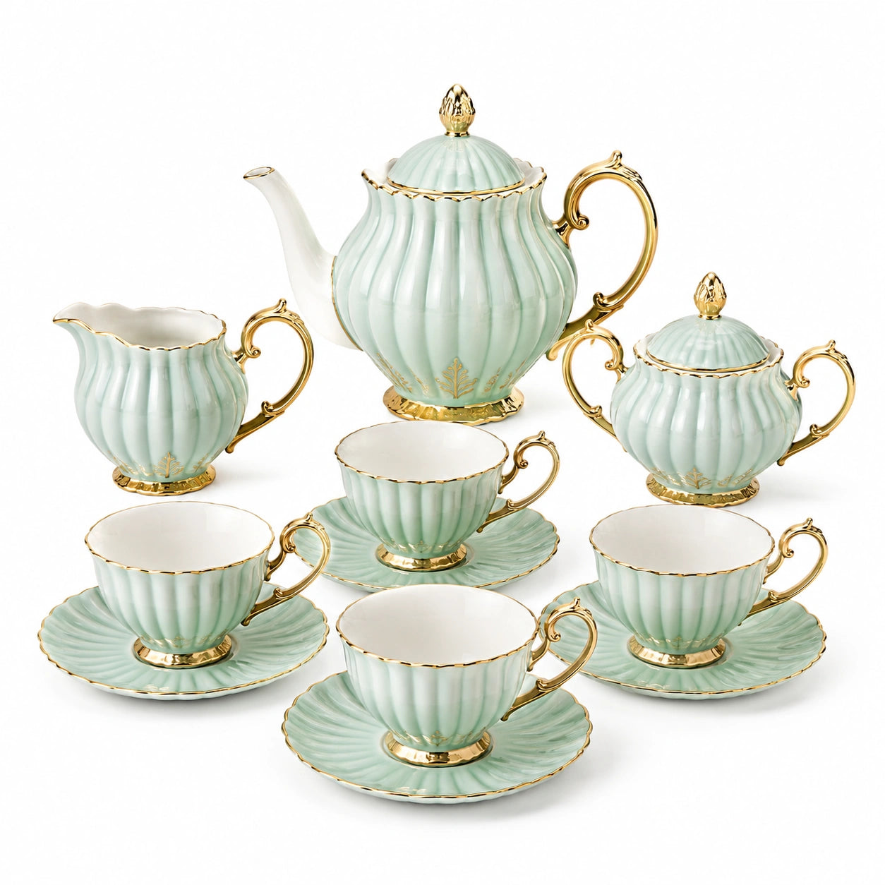 Juego de té de porcelana para 4 personas - verde menta y dorado con relieve