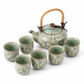 Juego de té de cerámica 7 piezas - tetera 20 x 13 cm verde floral con asa de bambú