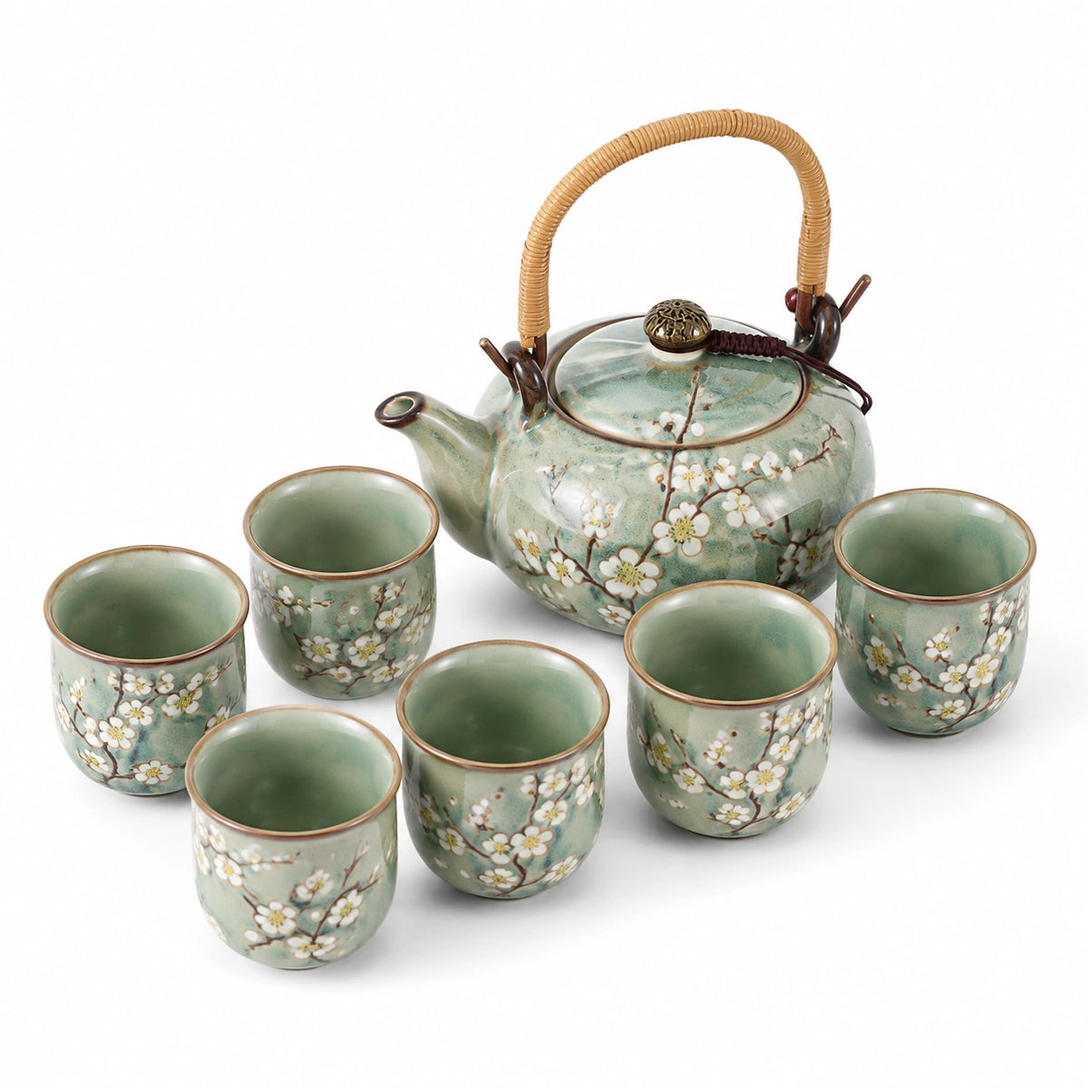 Juego de té de cerámica 7 piezas - tetera 20 x 13 cm verde floral con asa de bambú