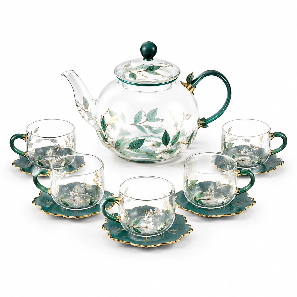 Juego de té de vidrio 1200 ml verde con motivo floral para 5 personas