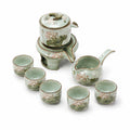 Juego de té de cerámica 6 tazas verde con flores de loto