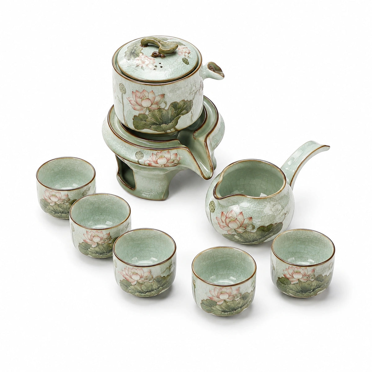 Juego de té de cerámica 6 tazas verde con flores de loto