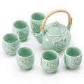 Juego de té de cerámica verde 7 piezas 1200 ml con relieve de bambú y asa de ratán