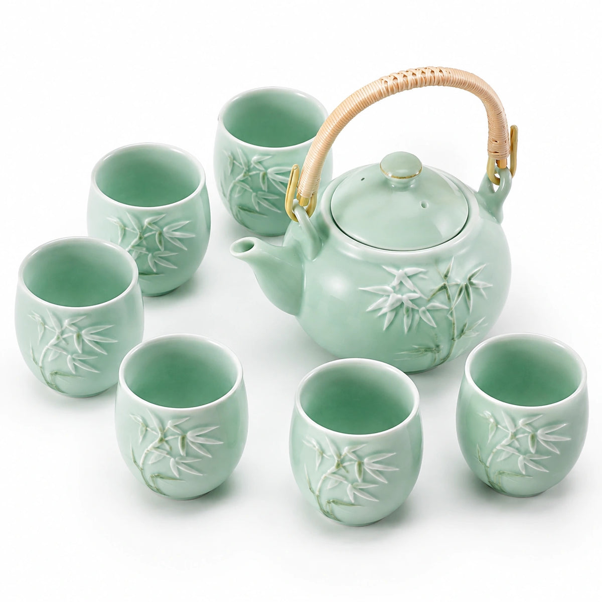Juego de té de cerámica verde 7 piezas 1200 ml con relieve de bambú y asa de ratán