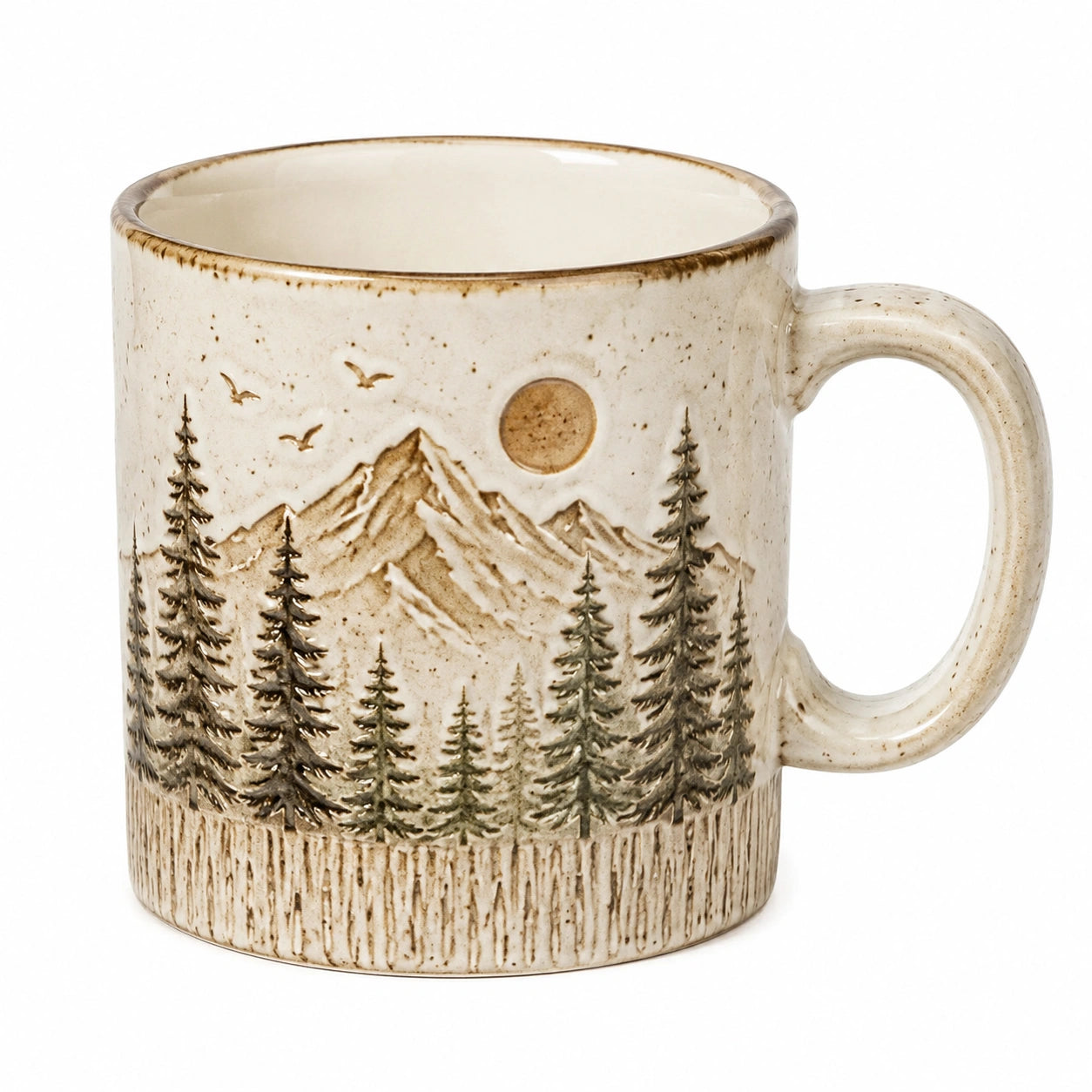 Taza de cerámica 400 ml beige para bebidas calientes con relieve de montaña
