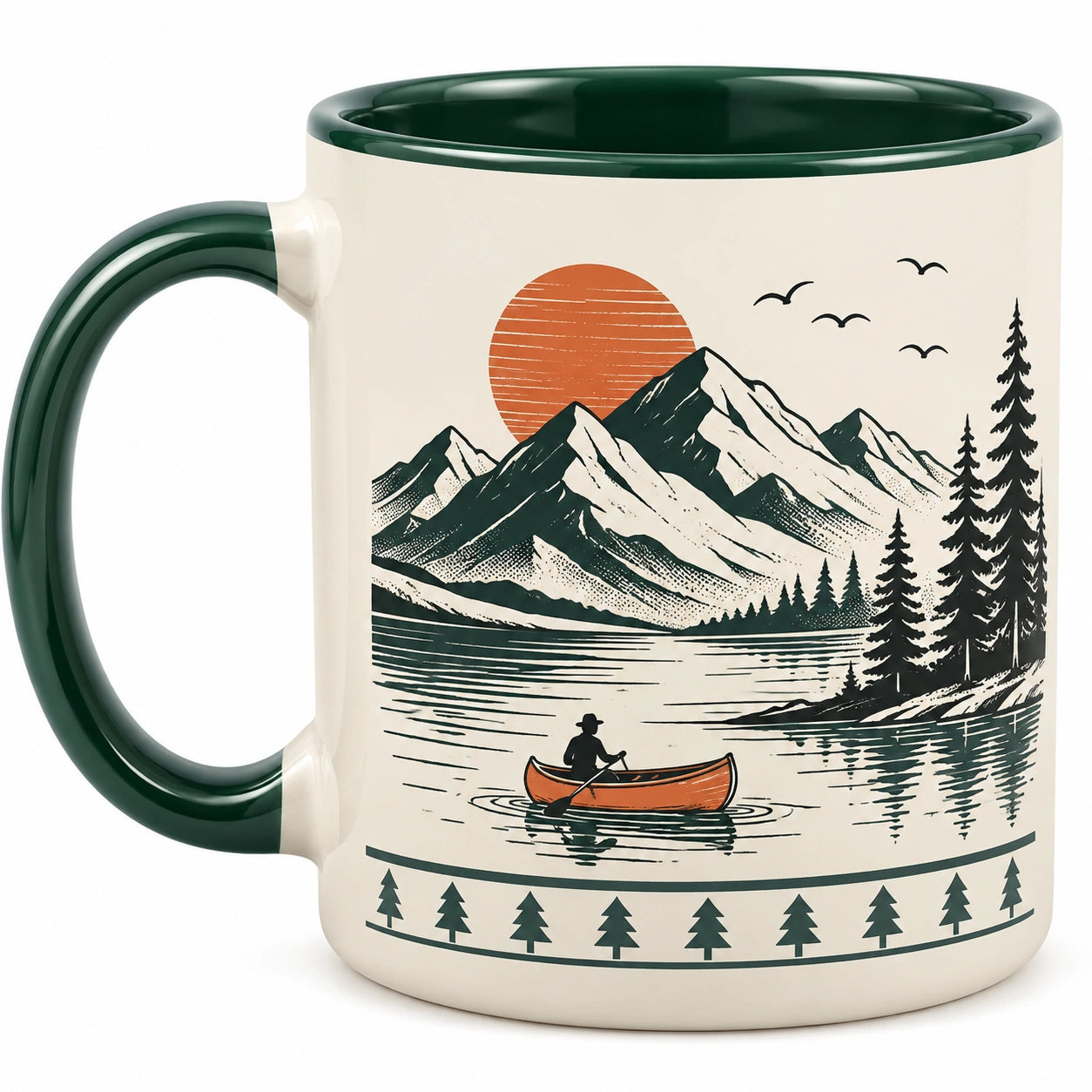 Taza de cerámica 350 ml crema y verde con paisaje montañoso para bebidas calientes