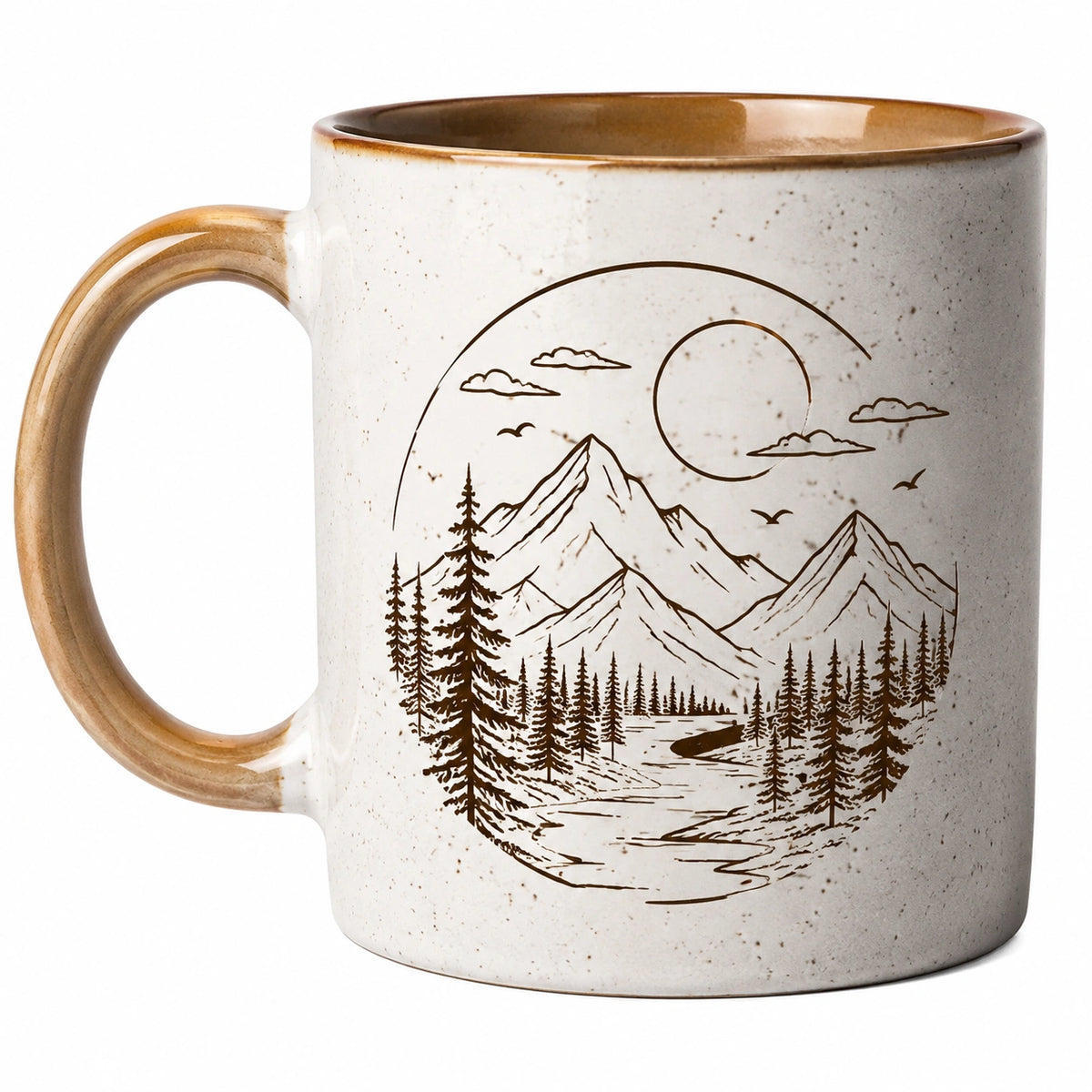 Taza de cerámica 400 ml beige con paisaje de montaña - asa amplia