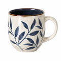 Taza de cerámica 400 ml beige y azul con hojas - asa amplia estilo botánico