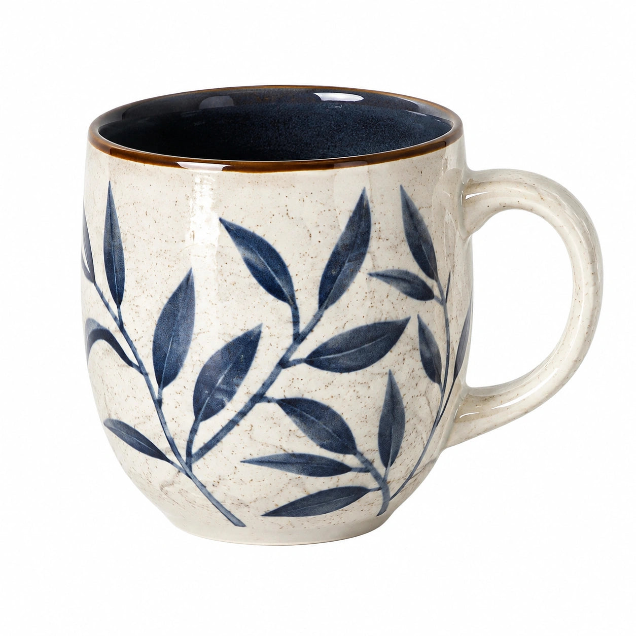 Taza de cerámica 400 ml beige y azul con hojas - asa amplia estilo botánico